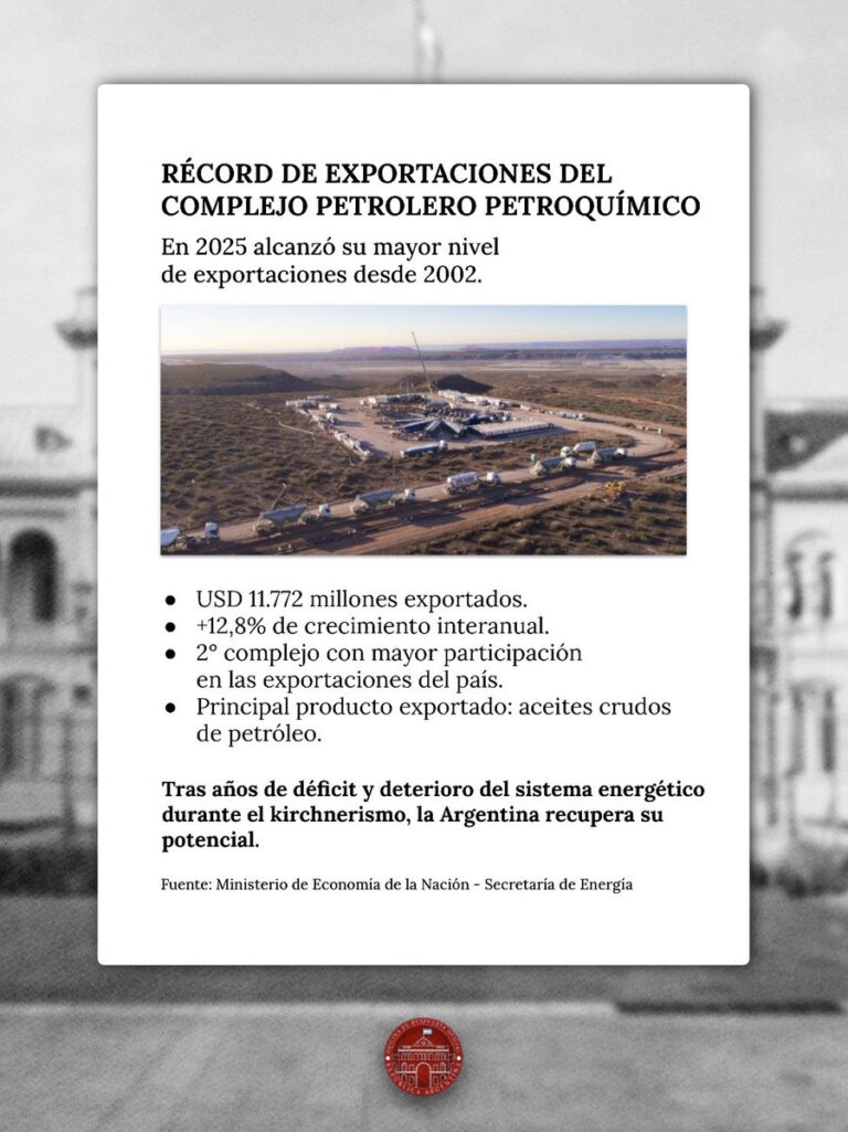 RÉCORD DE EXPORTACIONES EN EL COMPLEJO PETROLERO PETROQUÍMICO El complejo petrolero petroquímico alcanzó en 2025 su mayor nivel de exportaciones desde 2002, consolidándose como uno de los motores del comercio exterior argentino. Las ventas externas totalizaron USD 11.772 millones, con un crecimiento interanual del 12,8%. Con estos resultados, el complejo se ubicó como el segundo sector con mayor participación en las exportaciones de bienes del país. El 93,1% de las exportaciones correspondió al rubro combustibles y energía. Dentro de ese total, el petróleo representó el 81,1%, el gas el 11,7% y los productos petroquímicos el 7,2%. En el subcomplejo petróleo se destacaron las ventas de aceite